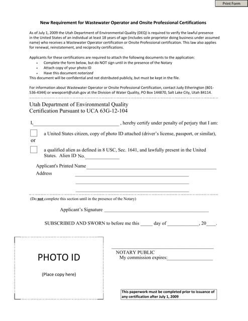 Certification Pursuant to Uca 63g-12-104 - Utah Download Pdf