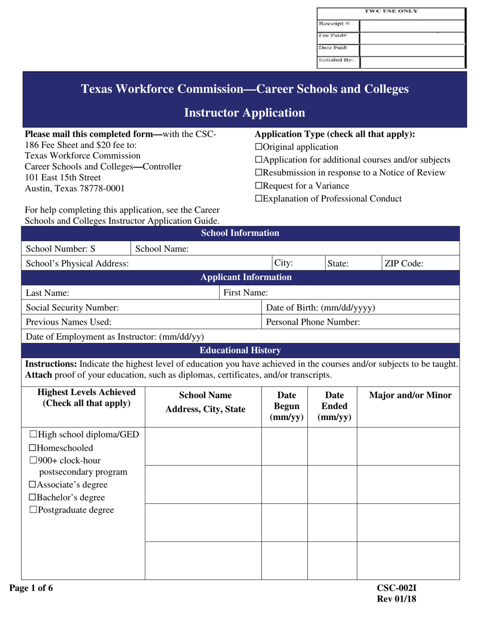 Form CSC-002I Instructor Application - Texas, Page 1