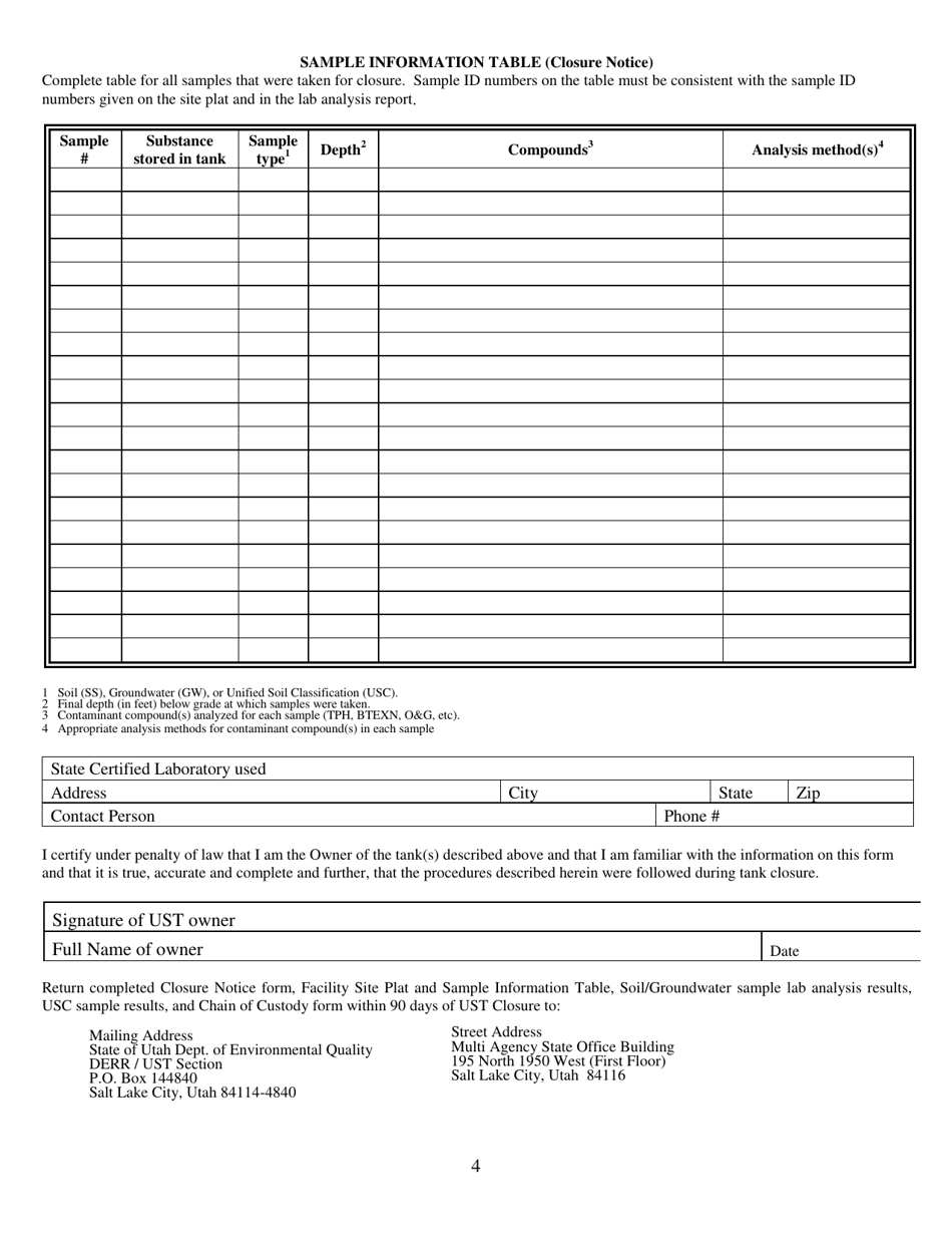 Utah Underground Storage Tank Permanent Closure Notice Form - Fill Out ...