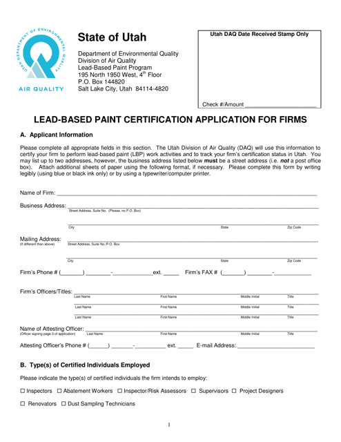 Form DAQA-582-18 Lead-Based Paint Certification Application for Firms - Utah