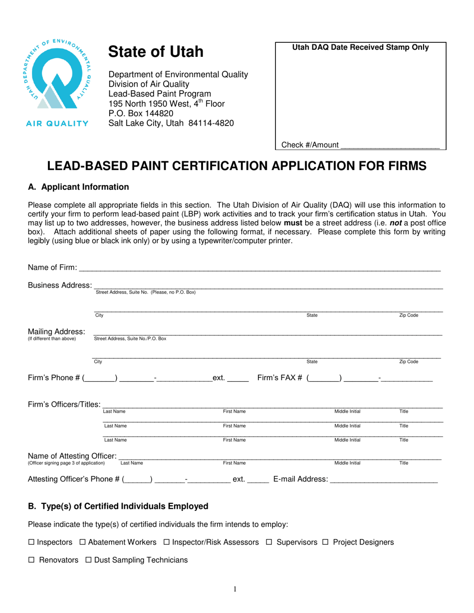 Form DAQA-582-18 Lead-Based Paint Certification Application for Firms - Utah, Page 1