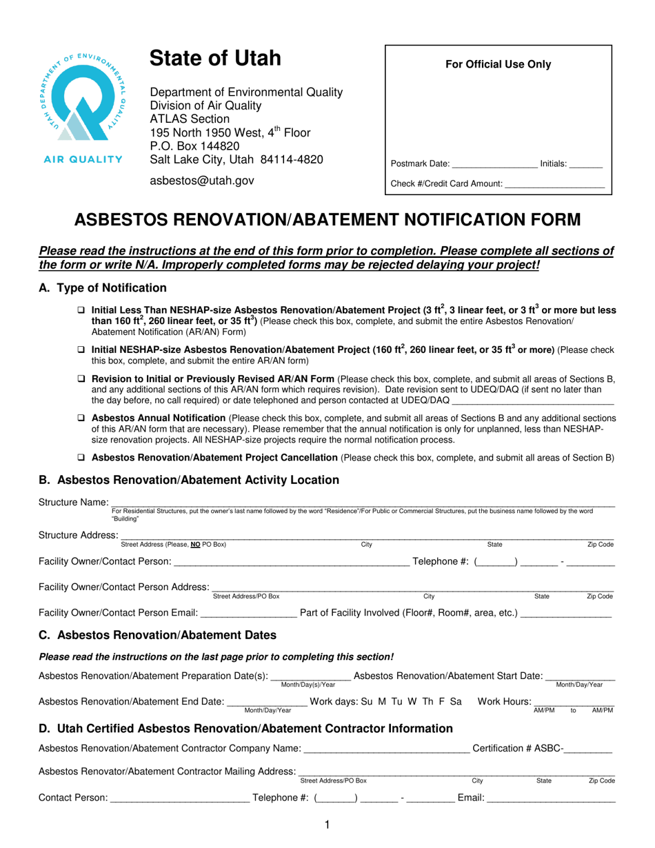 Form DAQA-458-18 Asbestos Renovation / Abatement Notification - Utah, Page 1