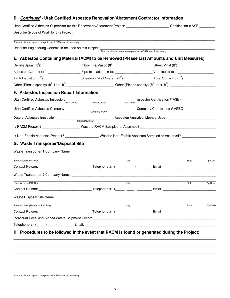 Form DAQA-458-18 Asbestos Renovation / Abatement Notification - Utah, Page 2