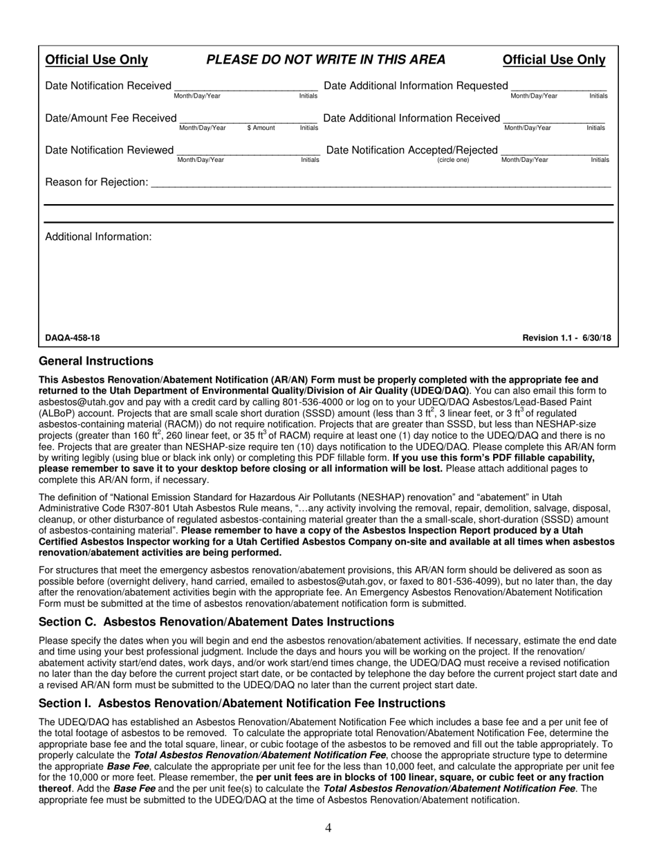 Form DAQA-458-18 Asbestos Renovation / Abatement Notification - Utah, Page 4