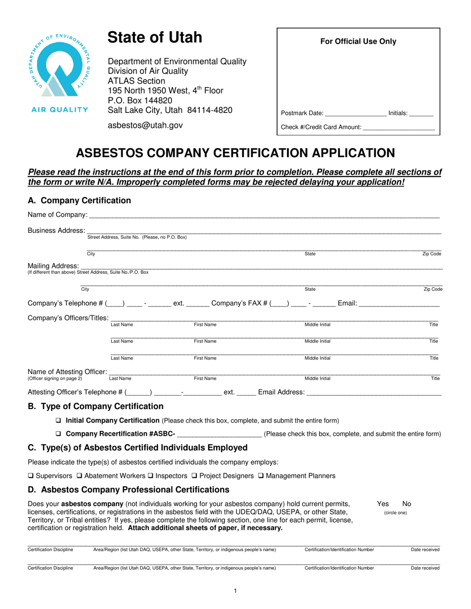 Form DAQA-026-18 Asbestos Company Certification Application - Utah, Page 1