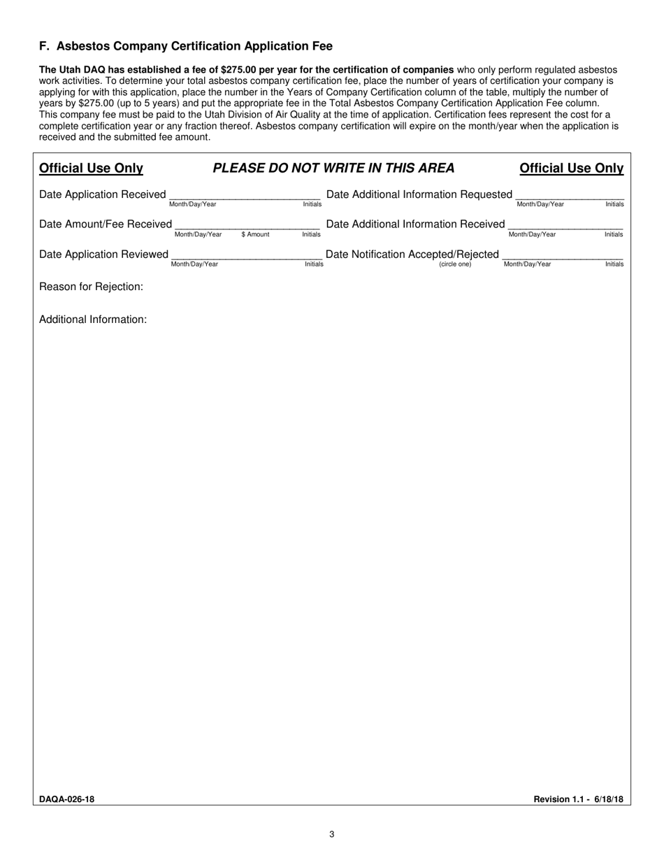 Form DAQA-026-18 Asbestos Company Certification Application - Utah, Page 3