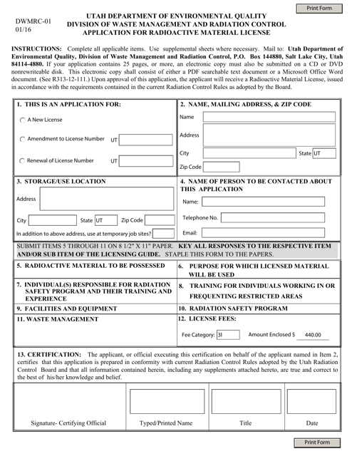 Form DWMRC-01 Application for Radioactive Material License - Utah