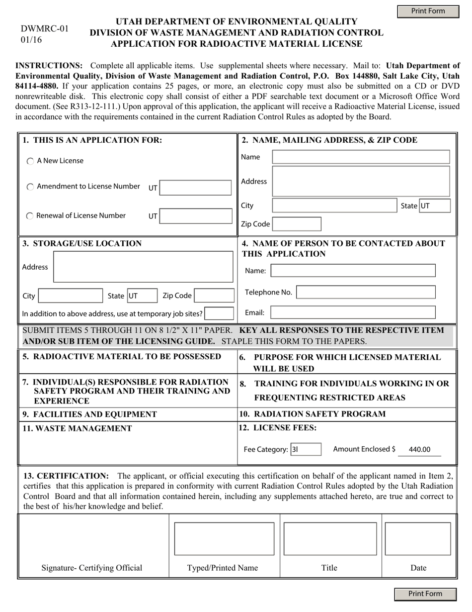 Form DWMRC-01 Application for Radioactive Material License - Utah, Page 1
