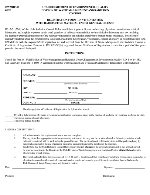 Form DWMRC-07 Registration Form for in Vitro Testing With Radioactive Material Under General License - Utah