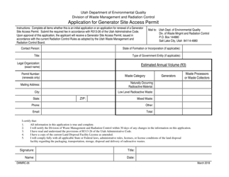 Form DWMRC-26 &quot;Application for Generator Site Access Permit&quot; - Utah