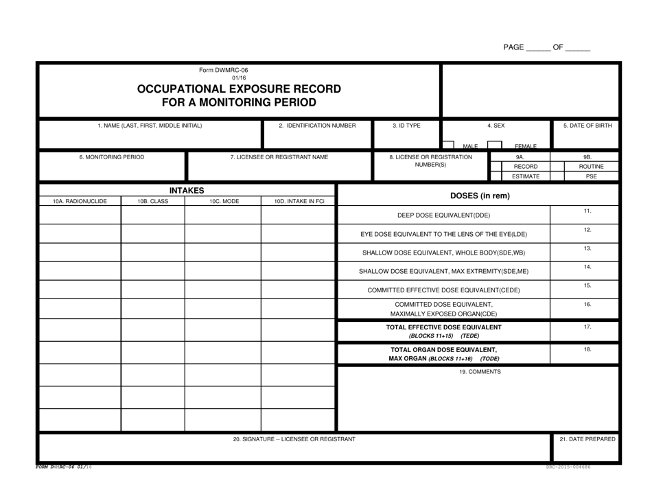 Form DWMRC-06 Occupational Exposure Record for a Monitoring Period - Utah, Page 1