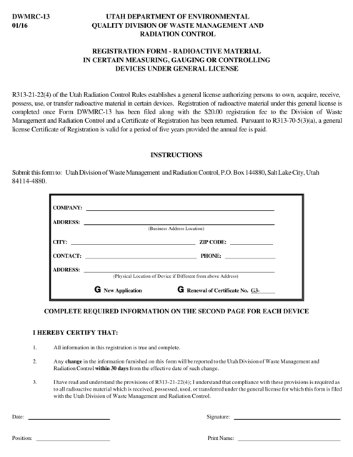 Form DWMRC-13 Registration Form - Radioactive Material in Certain Measuring, Gauging or Controlling Devices Under General License - Utah