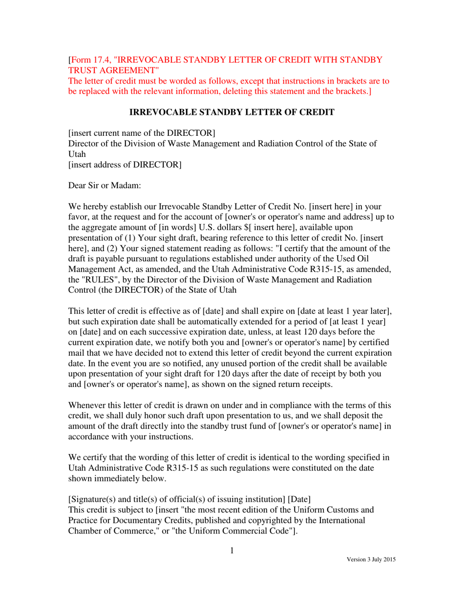 Form 17.4 Irrevocable Standby Letter of Credit With Standby Trust Agreement - Utah, Page 1