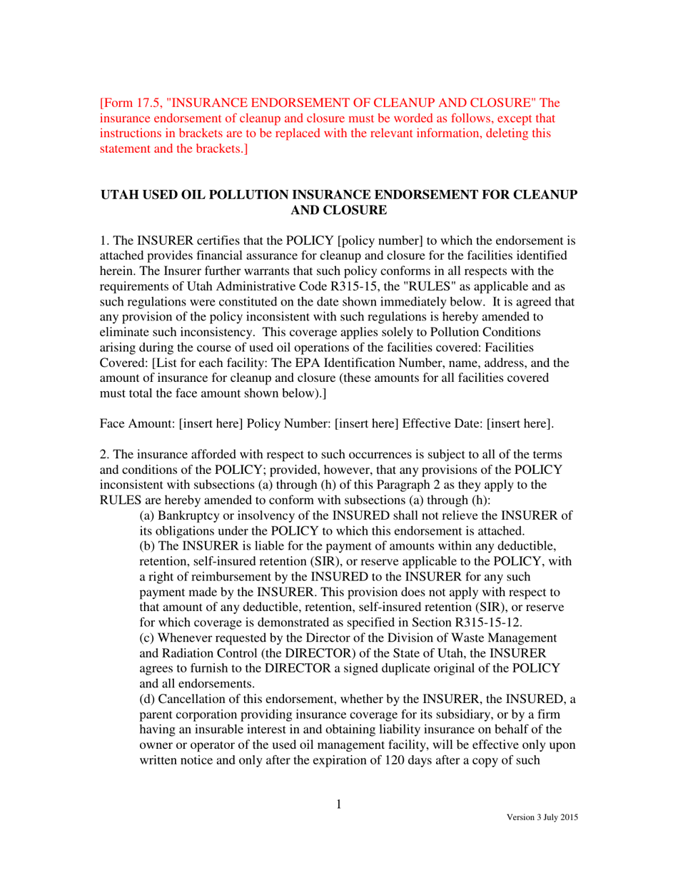Form 17.5 Insurance Endorsement of Cleanup and Closure - Utah, Page 1
