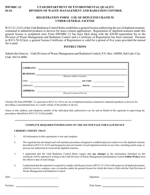 Form DWMRC-12 Registration Form - Use of Depleted Uranium Under General License - Utah