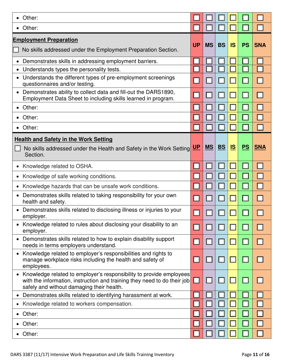 Form DARS3387 Intensive Work Preparation and Life Skills Training Inventory - Texas, Page 11