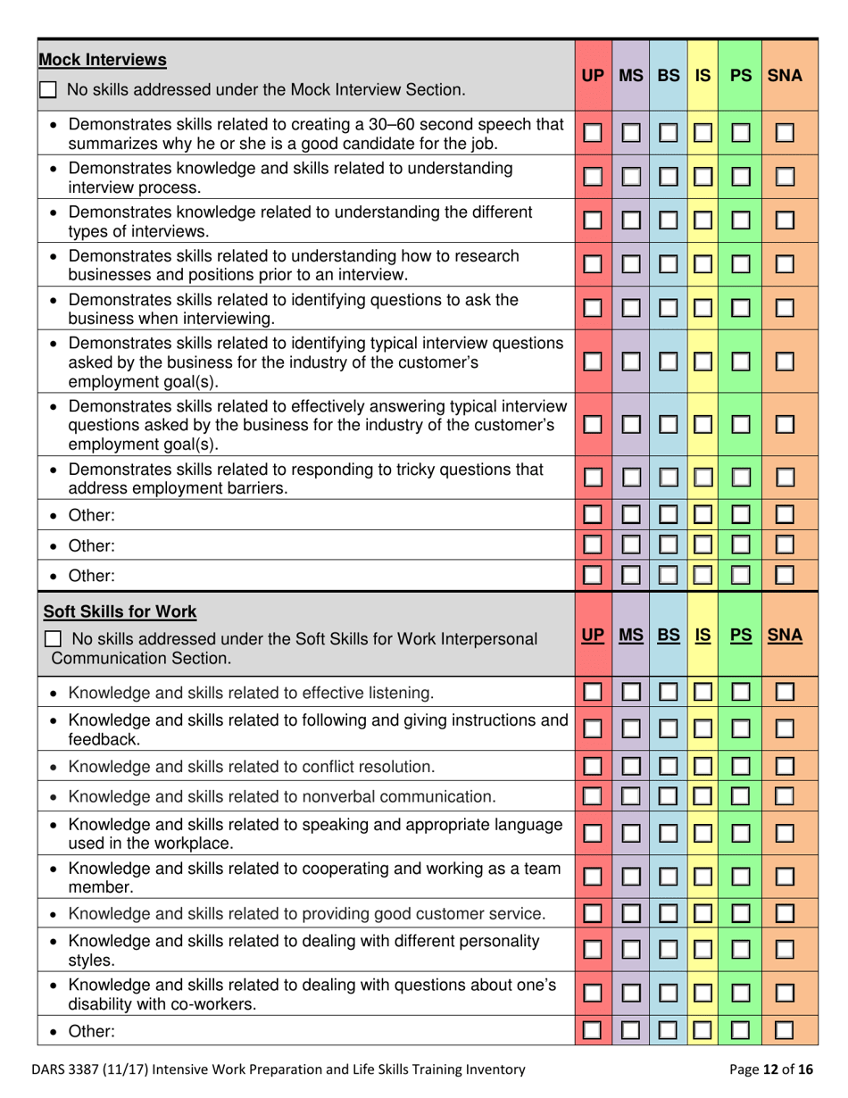 Form DARS3387 Intensive Work Preparation and Life Skills Training Inventory - Texas, Page 12
