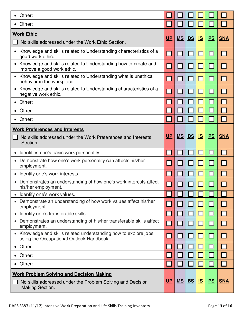 Form DARS3387 Intensive Work Preparation and Life Skills Training Inventory - Texas, Page 13