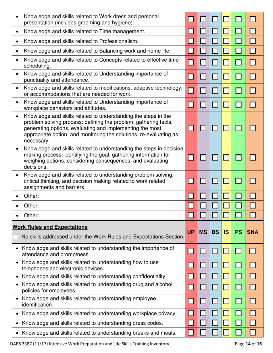 Form DARS3387 Intensive Work Preparation and Life Skills Training Inventory - Texas, Page 14