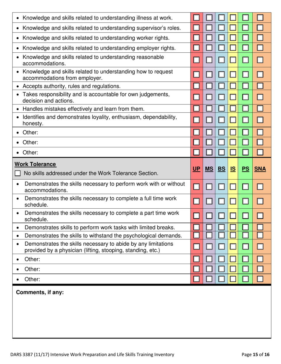 Form DARS3387 Intensive Work Preparation and Life Skills Training Inventory - Texas, Page 15