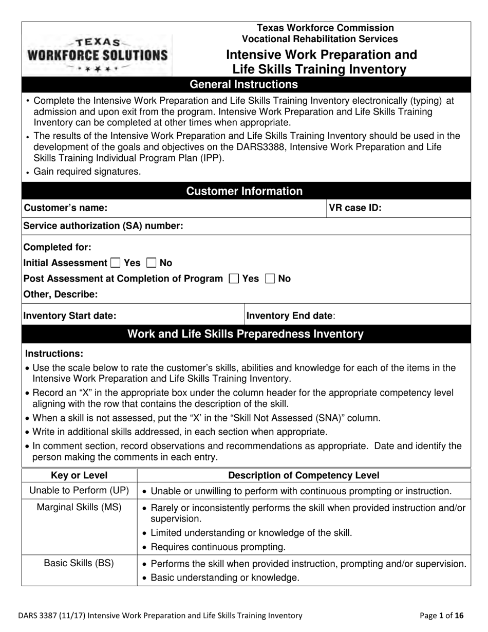 Form DARS3387 Intensive Work Preparation and Life Skills Training Inventory - Texas, Page 1