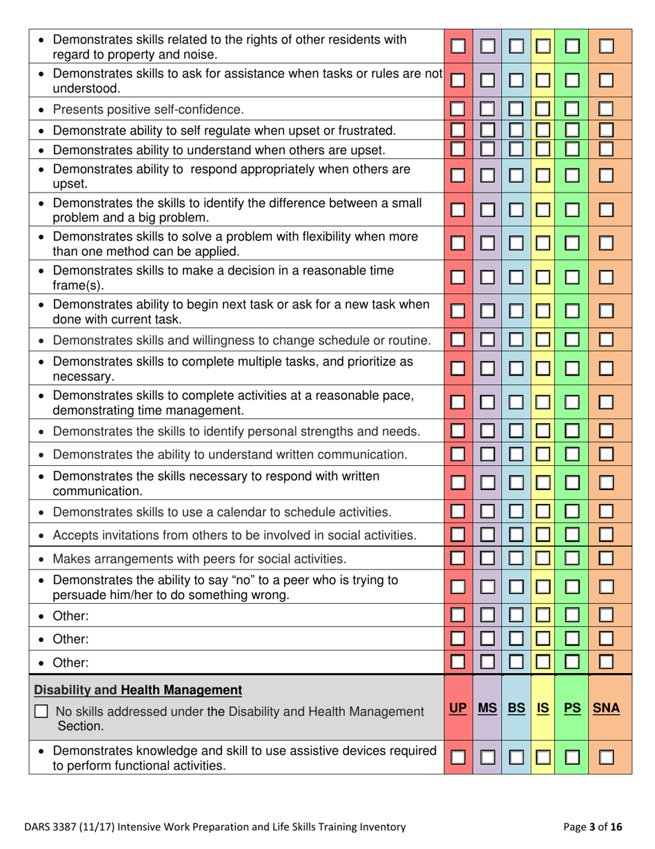 Form DARS3387 Intensive Work Preparation and Life Skills Training Inventory - Texas, Page 3