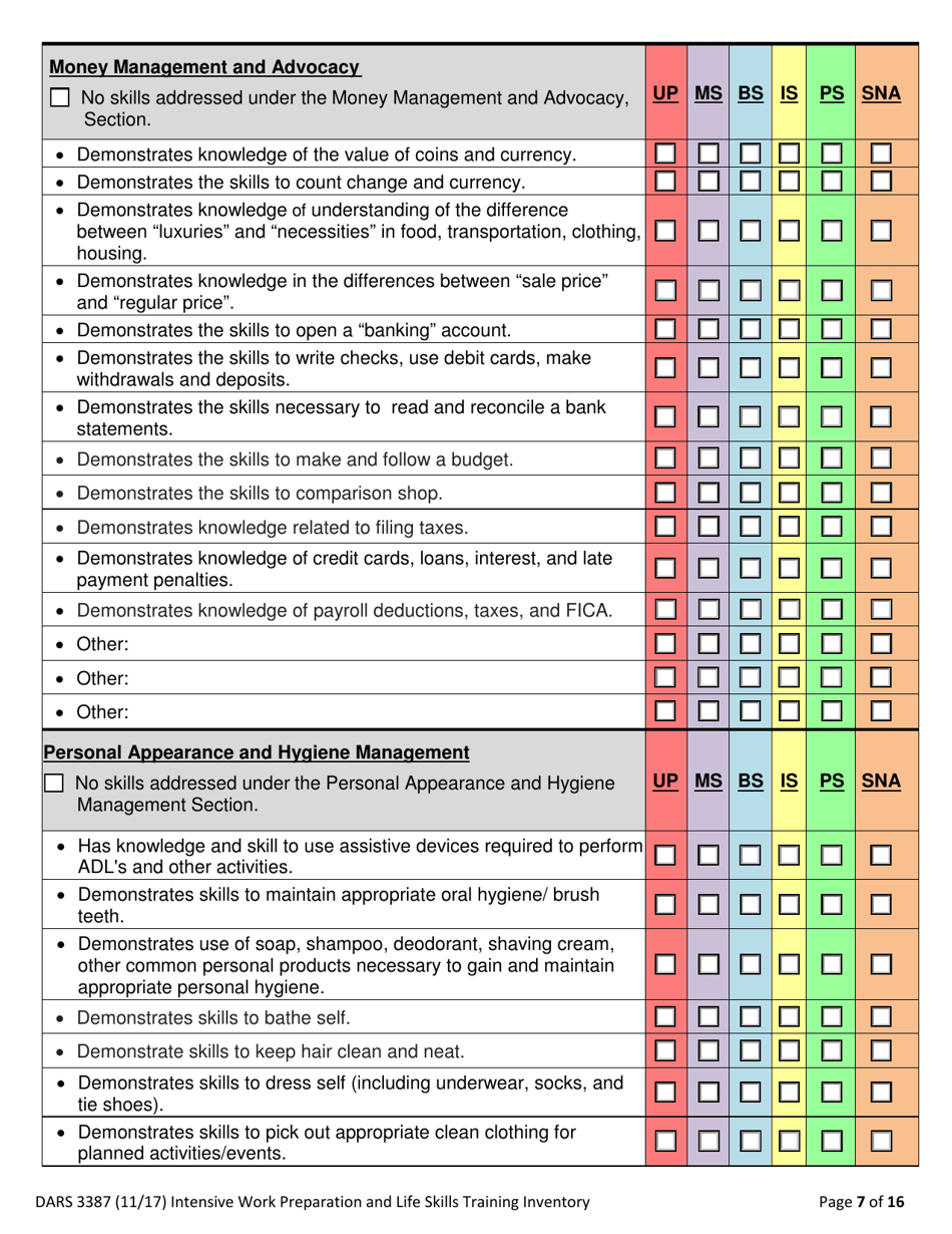 Form DARS3387 Intensive Work Preparation and Life Skills Training Inventory - Texas, Page 7
