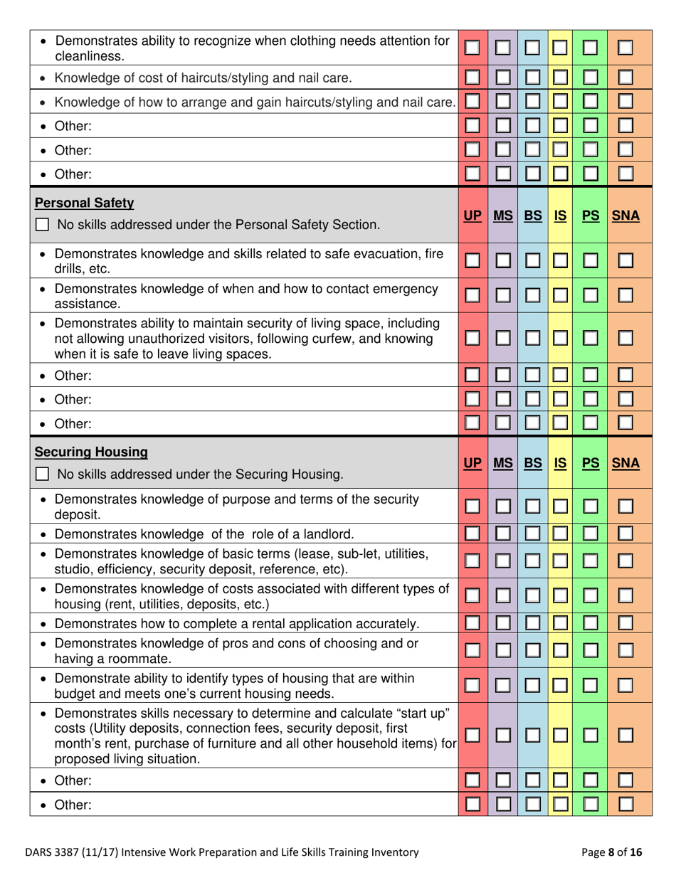 Form DARS3387 Intensive Work Preparation and Life Skills Training Inventory - Texas, Page 8