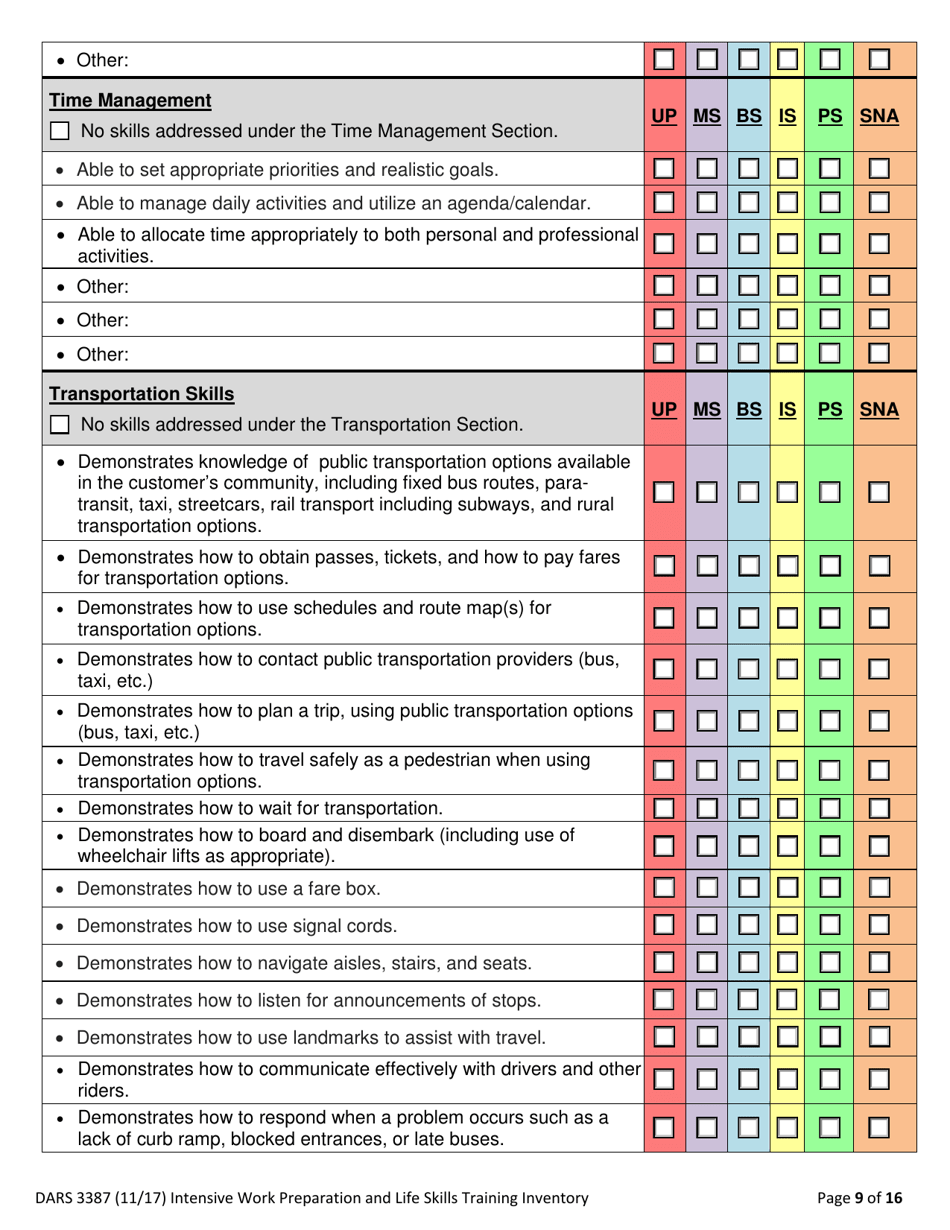 Form DARS3387 Intensive Work Preparation and Life Skills Training Inventory - Texas, Page 9