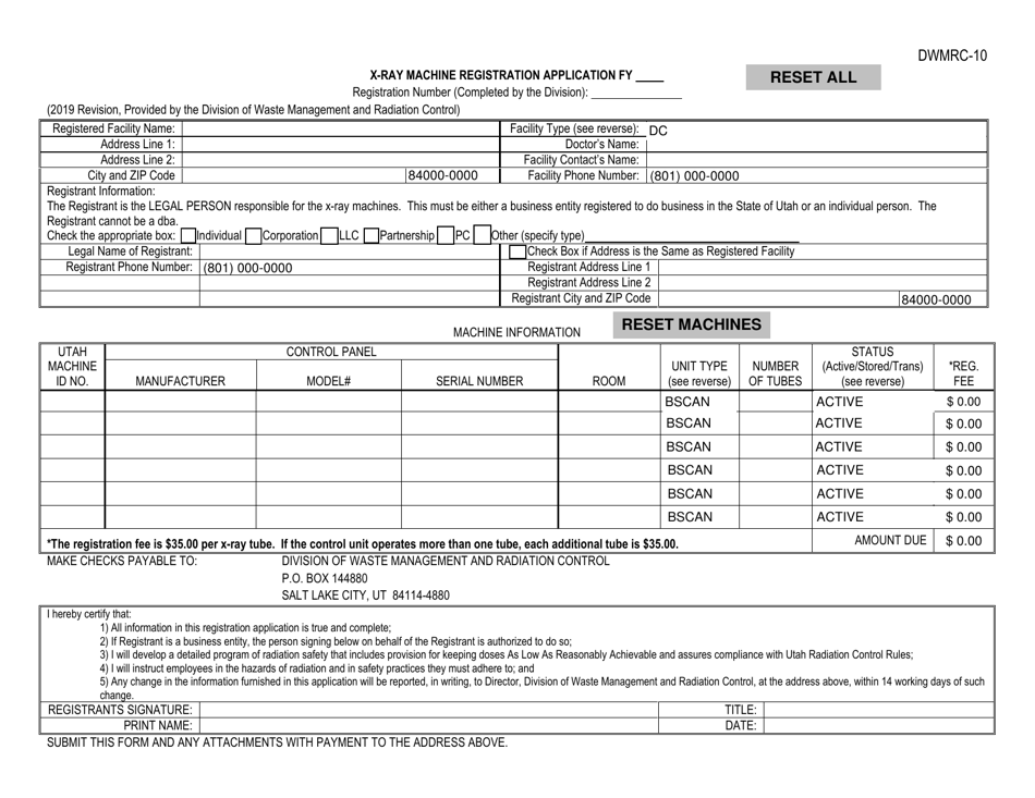 Form DWMRC-10 X-Ray Machine Registration Application - Utah, Page 1