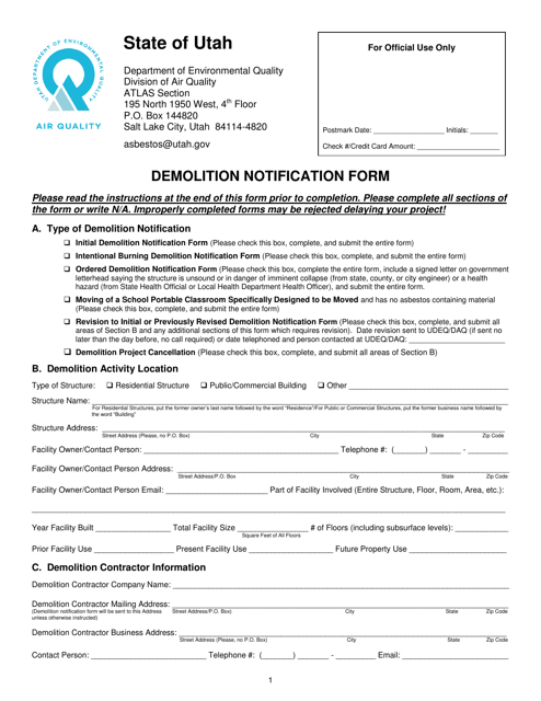 Form DAQA-559-18 Demolition Notification Form - Utah