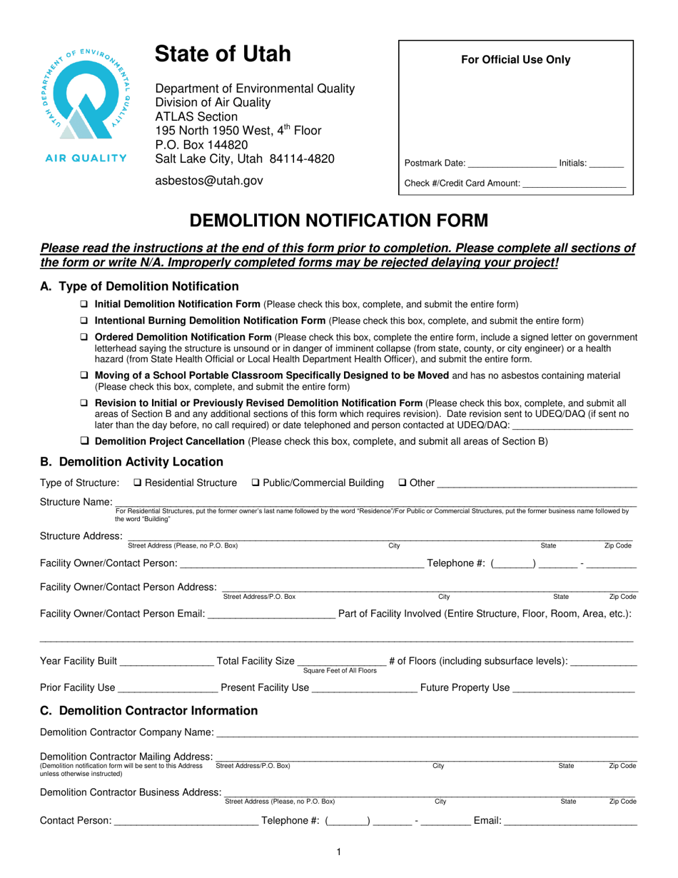 Form DAQA-559-18 Demolition Notification Form - Utah, Page 1