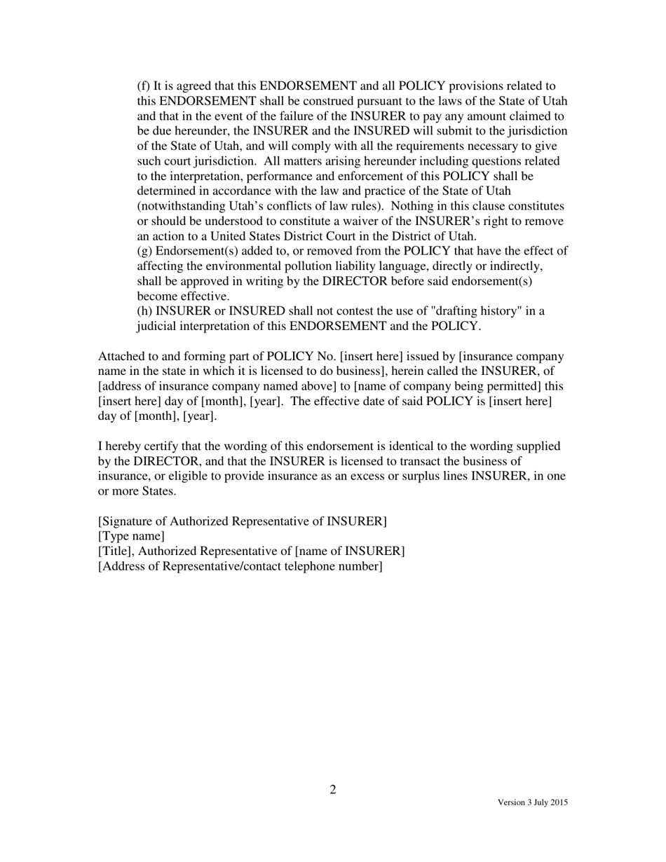 Form 17.7 Used Oil Pollution Liability Endorsement for Sudden Occurrence - Utah, Page 2