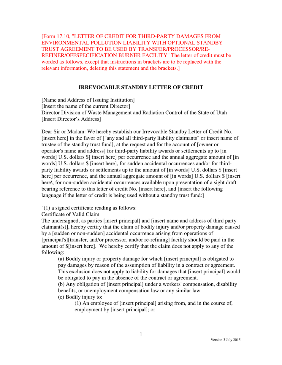 Form 17.10 Letter of Credit for Third-Party Damages From Environmental Pollution Liability With Optional Standby Trust Agreement to Be Used by Transfer, Processor, Re-refiner, or off-Specification Burner Facility - Utah, Page 1