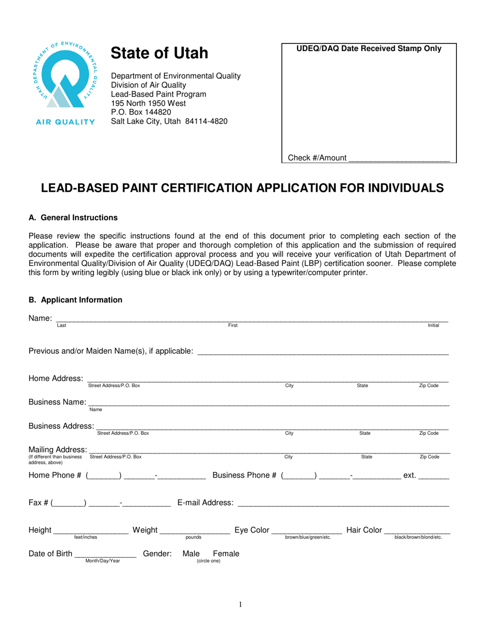 Form DAQA-581-18 Lead-Based Paint Certification Application for Individuals - Utah, Page 1