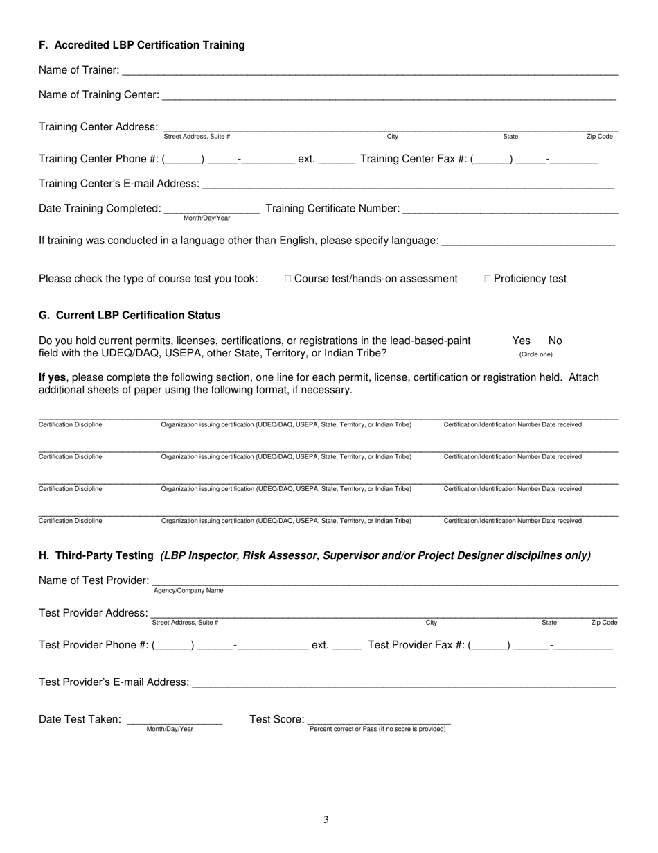 Form DAQA-581-18 Lead-Based Paint Certification Application for Individuals - Utah, Page 3