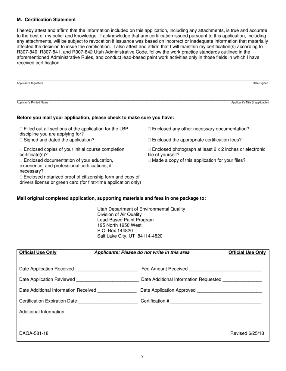Form DAQA58118 Download Printable PDF or Fill Online LeadBased Paint Certification