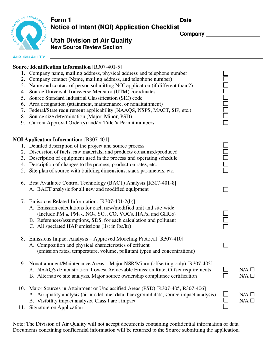 Form 1 Notice of Intent Application Checklist - Utah, Page 1