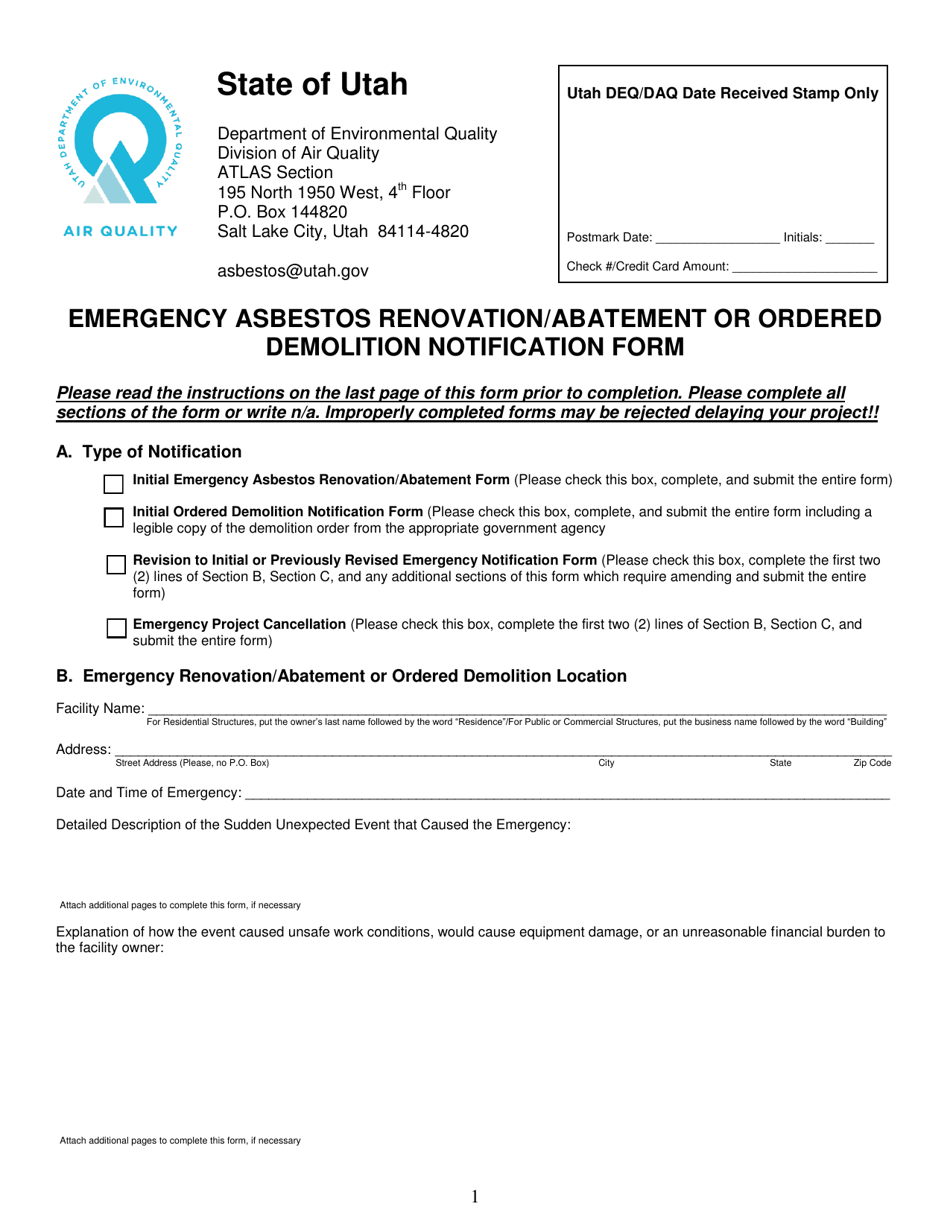 Form DAQA-457-18 Emergency Asbestos Renovation/Abatement or Ordered Demolition Notification Form - Utah, Page 1