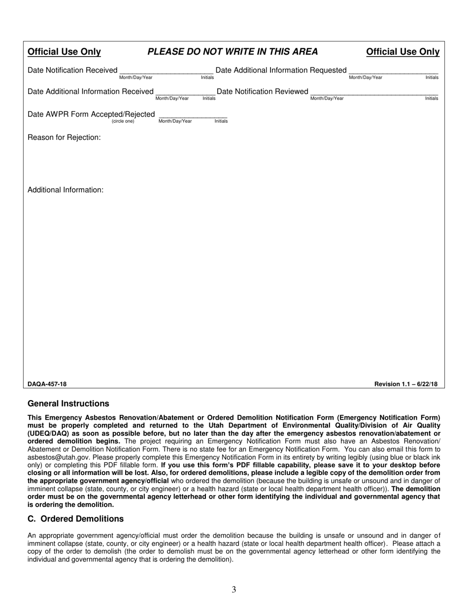 Form DAQA-457-18 Emergency Asbestos Renovation / Abatement or Ordered Demolition Notification Form - Utah, Page 3