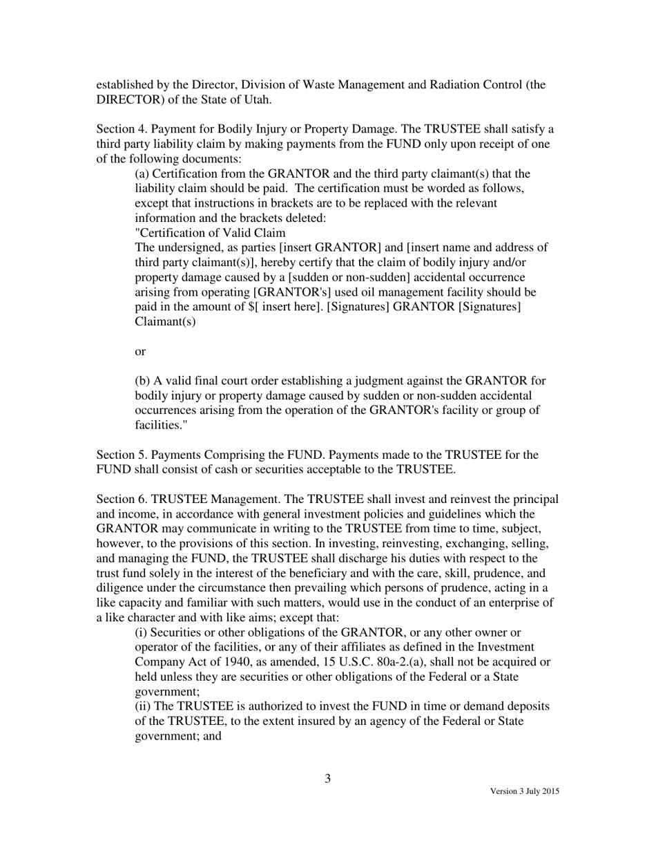 Form 17.12 Trust Agreement for For Third-Party Damages From Environmental Pollution Liability to Be Used by Transfer, Processor, Re-refiner, or off-Specification Burner Facility - Utah, Page 3