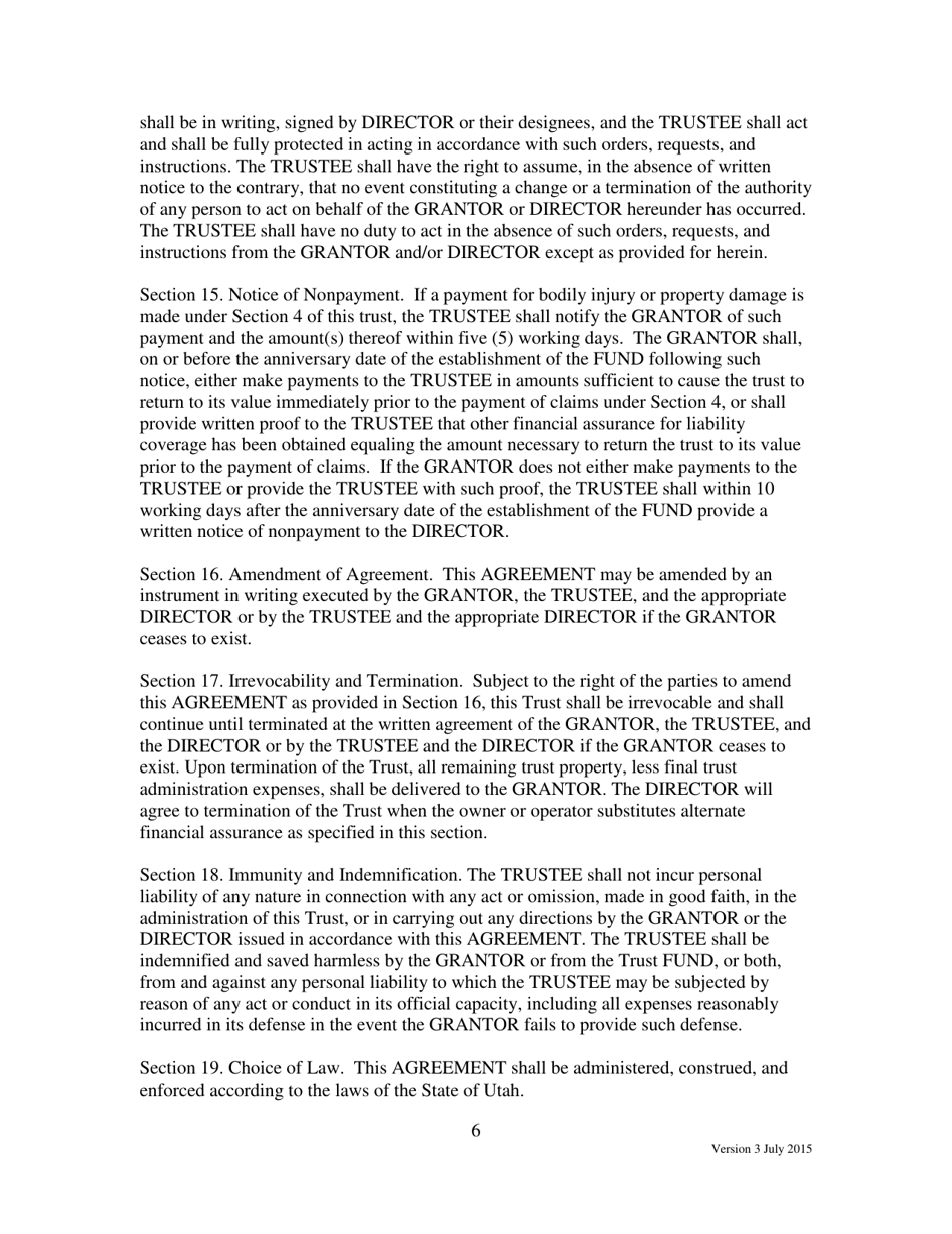 Form 17.12 Trust Agreement for For Third-Party Damages From Environmental Pollution Liability to Be Used by Transfer, Processor, Re-refiner, or off-Specification Burner Facility - Utah, Page 6