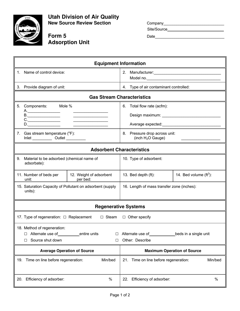 Form 5 Adsorption Unit - Utah, Page 1