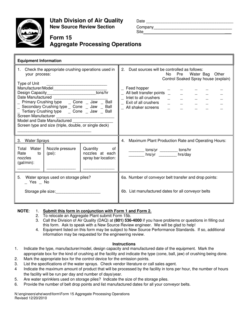 Form 15 Aggregate Processing Operations - Utah, Page 1