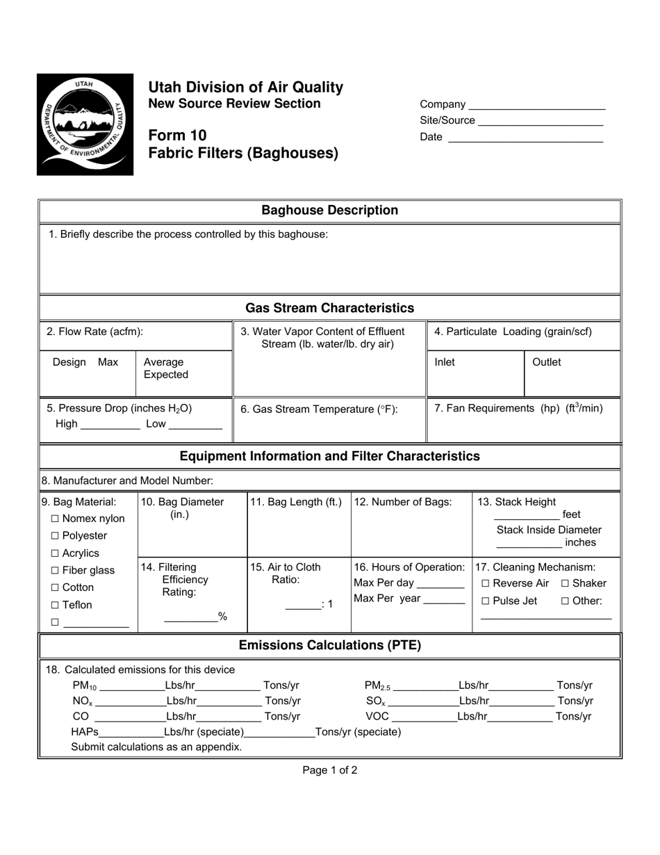Form 10 Fabric Filters (Baghouses) - Utah, Page 1