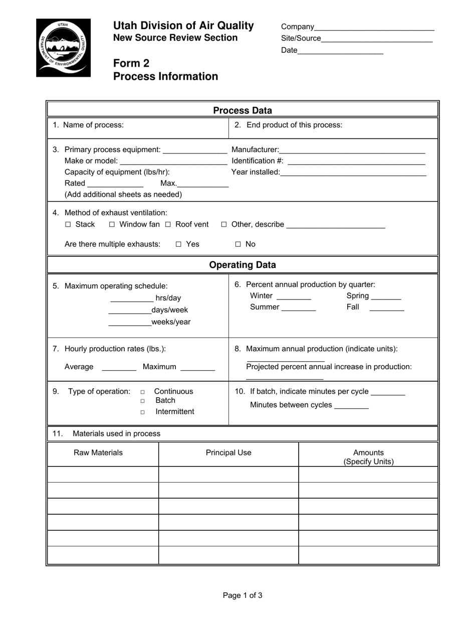 Form 2 Process Information - Utah, Page 1