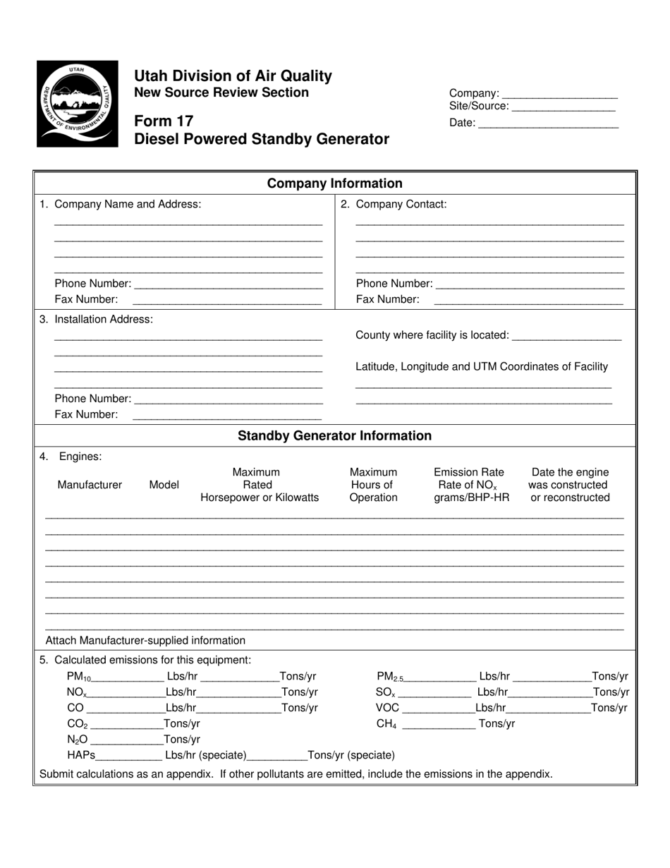 Form 17 Diesel Powered Standby Generator - Utah, Page 1