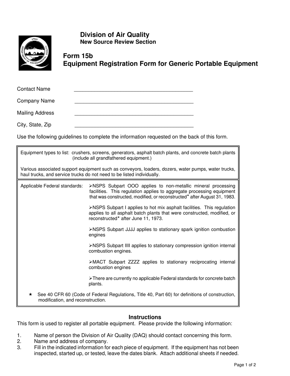 Form 15B Equipment Registration Form for Generic Portable Equipment - Utah, Page 1