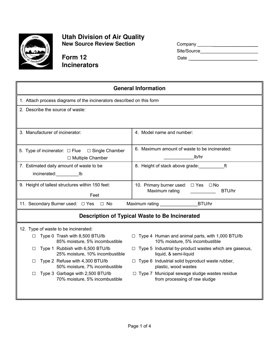 Form 12 Incinerators - Utah, Page 1