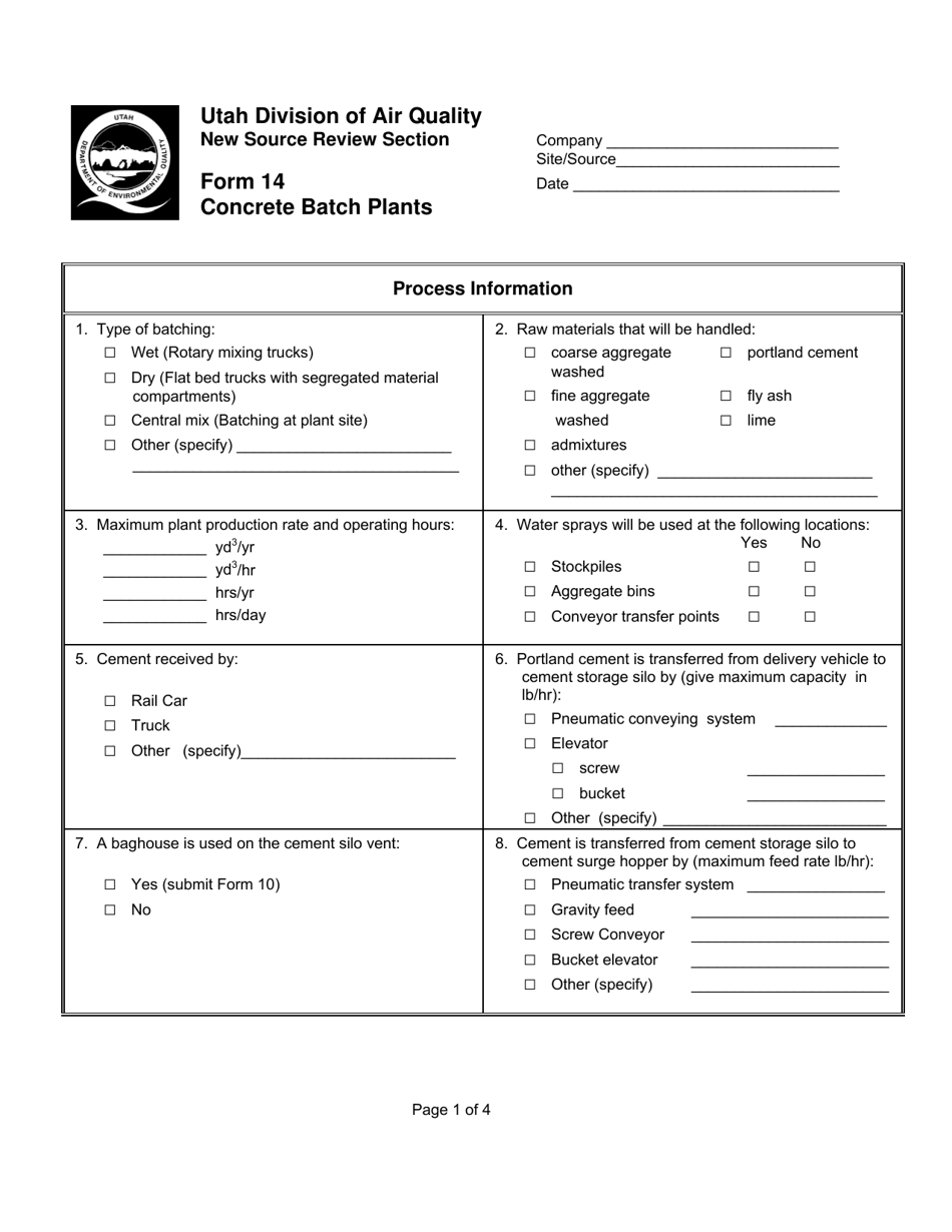 Form 14 Concrete Batch Plants - Utah, Page 1